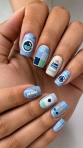 Baby Blue Laundromat Nails With Clean Circular Graphics