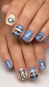 Cornflower Cassette Nails With Retro Sound Details