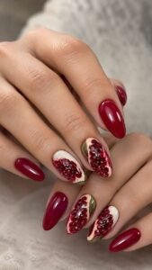 Pomegranate Red Nails With Ruby Seed Detail