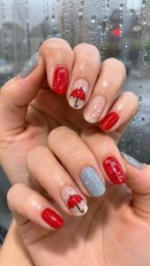 Rainy Day Red Nails With Umbrella Shine